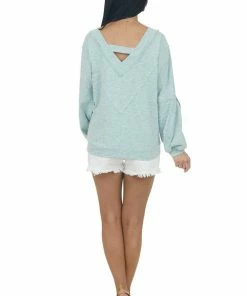 143 Story Heathered Seafoam Raw Edge V Neck Knit Top