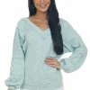 143 Story Heathered Seafoam Raw Edge V Neck Knit Top