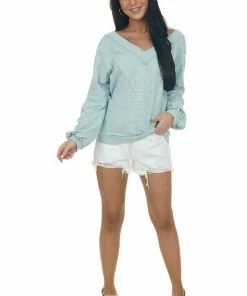 143 Story Heathered Seafoam Raw Edge V Neck Knit Top