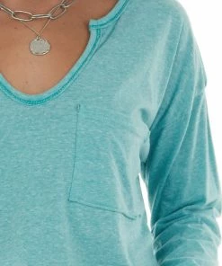 BiBi Tops Heathered Teal Notch Neck Chest Pocket Top