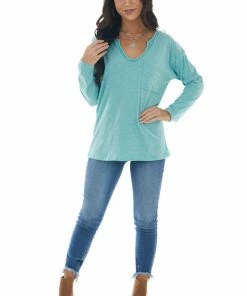 BiBi Tops Heathered Teal Notch Neck Chest Pocket Top