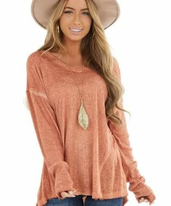 Umgee Heathered Terracotta Knit Top With Ribbed Knit Details