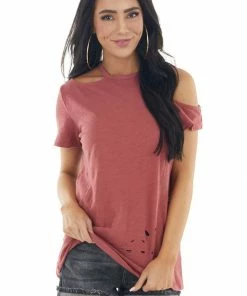 Doe & Rae Hibiscus Short Cut Out Sleeve Knit Top With Distressing