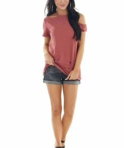 Doe & Rae Hibiscus Short Cut Out Sleeve Knit Top With Distressing