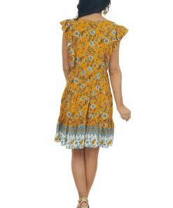 Umgee Honey Floral Print V Neck Tiered Short Dress