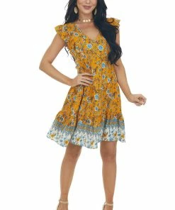 Umgee Honey Floral Print V Neck Tiered Short Dress
