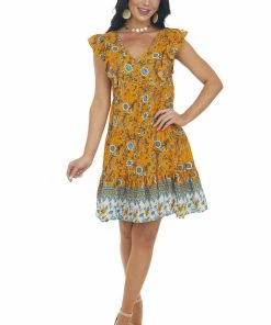 Umgee Honey Floral Print V Neck Tiered Short Dress
