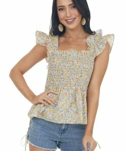 Umgee Tops Honeysuckle Floral Print Back Cut Out Tank Top