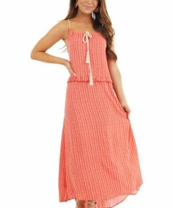 L Love Hot Coral Printed Maxi Dress With Drawstring Neckline