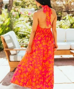 Miss Sparkling Dresses Hot Pink Floral Print Halter Neck Tiered Maxi Dress