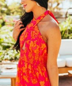 Miss Sparkling Dresses Hot Pink Floral Print Halter Neck Tiered Maxi Dress