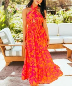 Miss Sparkling Dresses Hot Pink Floral Print Halter Neck Tiered Maxi Dress