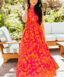 Miss Sparkling Dresses Hot Pink Floral Print Halter Neck Tiered Maxi Dress