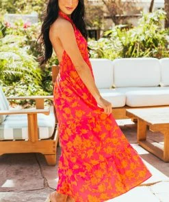 Miss Sparkling Dresses Hot Pink Floral Print Halter Neck Tiered Maxi Dress