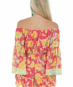 Flying Tomato Hot Pink Floral Print Off The Shoulder Romper