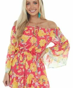 Flying Tomato Hot Pink Floral Print Off The Shoulder Romper