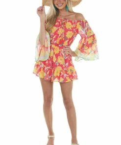 Flying Tomato Hot Pink Floral Print Off The Shoulder Romper