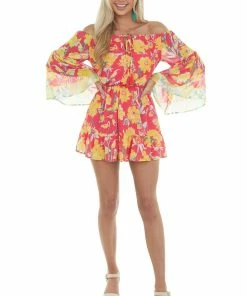 Flying Tomato Hot Pink Floral Print Off The Shoulder Romper