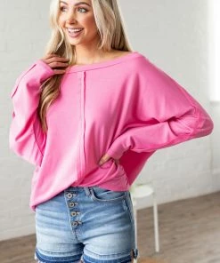 143 Story Tops Hot Pink Long Sleeve Knit Top With Raw Seam Details