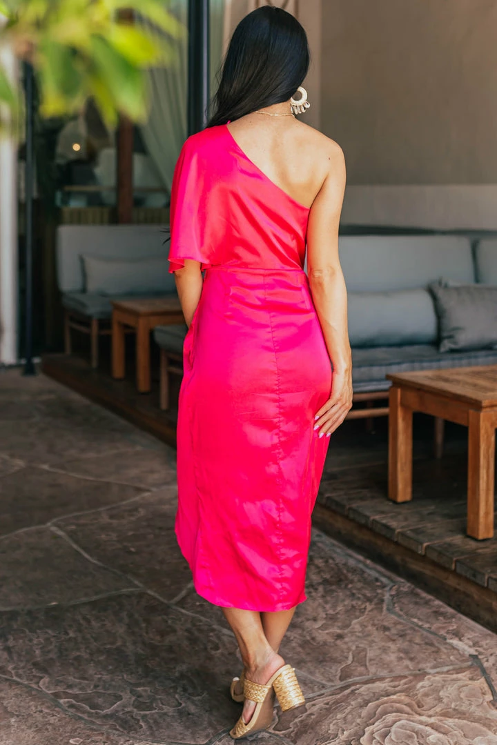 Do + Be Hot Pink One Shoulder Faux Wrap Midi Dress 7 Do + Be Hot Pink One Shoulder Faux Wrap Midi Dress