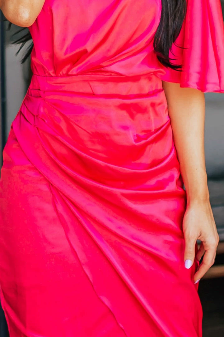 Do + Be Hot Pink One Shoulder Faux Wrap Midi Dress 8 Do + Be Hot Pink One Shoulder Faux Wrap Midi Dress