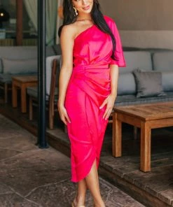 Do + Be Hot Pink One Shoulder Faux Wrap Midi Dress 10 Do + Be Hot Pink One Shoulder Faux Wrap Midi Dress