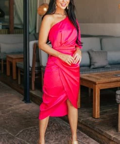 Do + Be Hot Pink One Shoulder Faux Wrap Midi Dress
