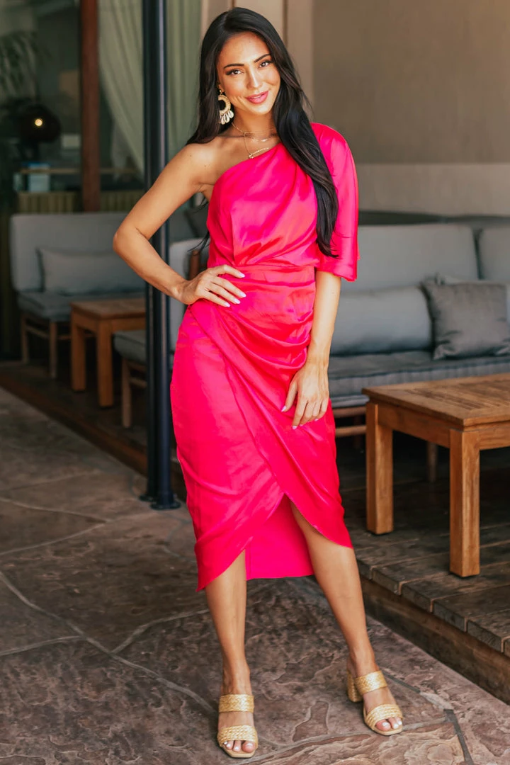 Do + Be Hot Pink One Shoulder Faux Wrap Midi Dress 3 Do + Be Hot Pink One Shoulder Faux Wrap Midi Dress
