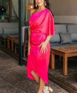 Do + Be Hot Pink One Shoulder Faux Wrap Midi Dress 11 Do + Be Hot Pink One Shoulder Faux Wrap Midi Dress