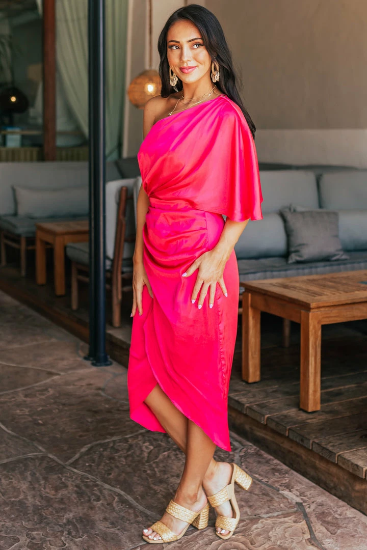 Do + Be Hot Pink One Shoulder Faux Wrap Midi Dress 6 Do + Be Hot Pink One Shoulder Faux Wrap Midi Dress