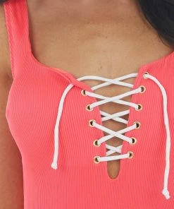 Beach Joy Bikini Hot Pink Ribbed Open Back Solid Swimsuit With Lace Up Front