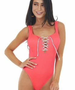 Beach Joy Bikini Hot Pink Ribbed Open Back Solid Swimsuit With Lace Up Front