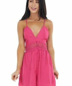 Style Melody Hot Pink Sleeveless Romper With Lace Peekaboo Waist Detail Dresses
