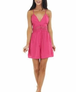 Style Melody Hot Pink Sleeveless Romper With Lace Peekaboo Waist Detail Dresses
