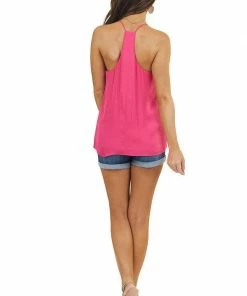 NAKED ZEBRA Tops Dark Pink Spaghetti Strap Flowy Woven Tank Top