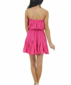 Main Strip Hot Pink Strapless Woven Short Dress With Flowy Ruffle Hem Dresses 26 Main Strip Hot Pink Strapless Woven Short Dress With Flowy Ruffle Hem Dresses