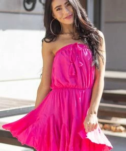 Main Strip Hot Pink Strapless Woven Short Dress With Flowy Ruffle Hem Dresses 28 Main Strip Hot Pink Strapless Woven Short Dress With Flowy Ruffle Hem Dresses