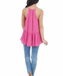 Staccato Hot Pink Swiss Dot Tank Top With Floral Crocheted Lace Neck 24 Staccato Hot Pink Swiss Dot Tank Top With Floral Crocheted Lace Neck