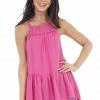 Staccato Hot Pink Swiss Dot Tank Top With Floral Crocheted Lace Neck
