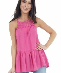 Staccato Hot Pink Swiss Dot Tank Top With Floral Crocheted Lace Neck