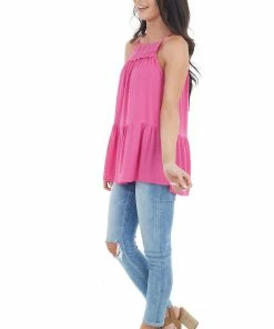 Staccato Hot Pink Swiss Dot Tank Top With Floral Crocheted Lace Neck 23 Staccato Hot Pink Swiss Dot Tank Top With Floral Crocheted Lace Neck