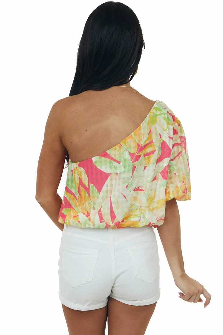 Flying Tomato Hot Pink Tropical Print One Shoulder Blouse 9 Flying Tomato Hot Pink Tropical Print One Shoulder Blouse