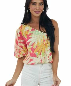 Flying Tomato Hot Pink Tropical Print One Shoulder Blouse 12 Flying Tomato Hot Pink Tropical Print One Shoulder Blouse