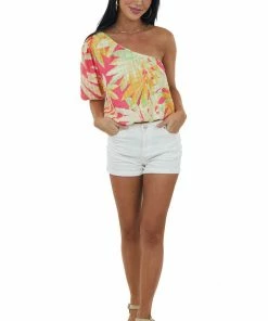 Flying Tomato Hot Pink Tropical Print One Shoulder Blouse 14 Flying Tomato Hot Pink Tropical Print One Shoulder Blouse