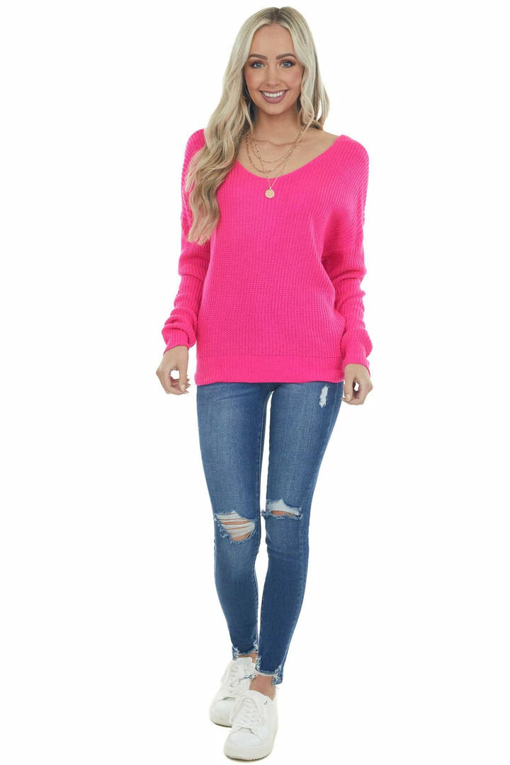 Lime Lush Hot Pink Twist Back Thick Ribbed Knit Sweater Tops 4 Lime Lush Hot Pink Twist Back Thick Ribbed Knit Sweater Tops
