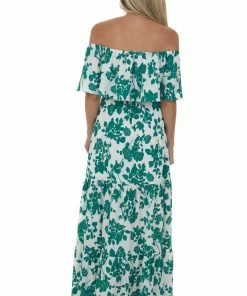 L Love Hunter Green Floral Off Shoulder Overlay Maxi Dress