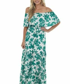 L Love Hunter Green Floral Off Shoulder Overlay Maxi Dress