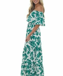 L Love Hunter Green Floral Off Shoulder Overlay Maxi Dress