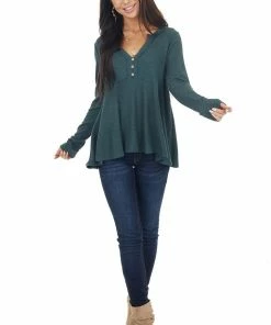 Peach Love Tops Hunter Green Notch Neck Babydoll Knit Top With Button Detail