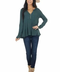 Peach Love Tops Hunter Green Notch Neck Babydoll Knit Top With Button Detail